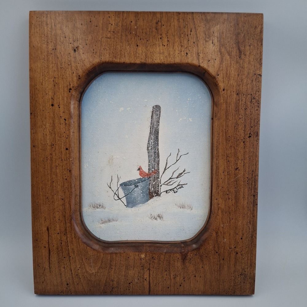 Vtg 1982 Ruth Lusk Signed Winter Oil Painting Red Cardinal Fence Post Wood Frame
